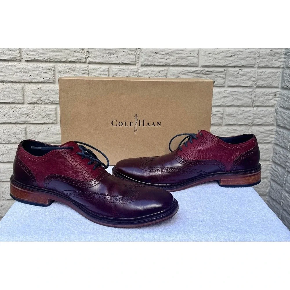 Cole Haan Mens Burgundy Two Tone Leather Wingtip Brogue Oxford Dress Shoes